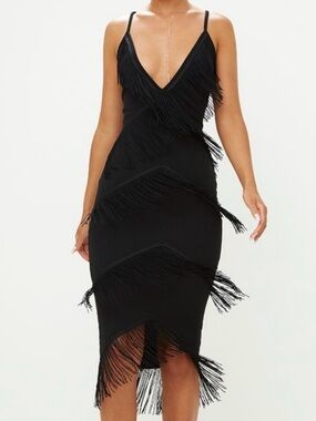 PrettyLittleThing Black Fringe V‑Neck Bodycon Midi Dress